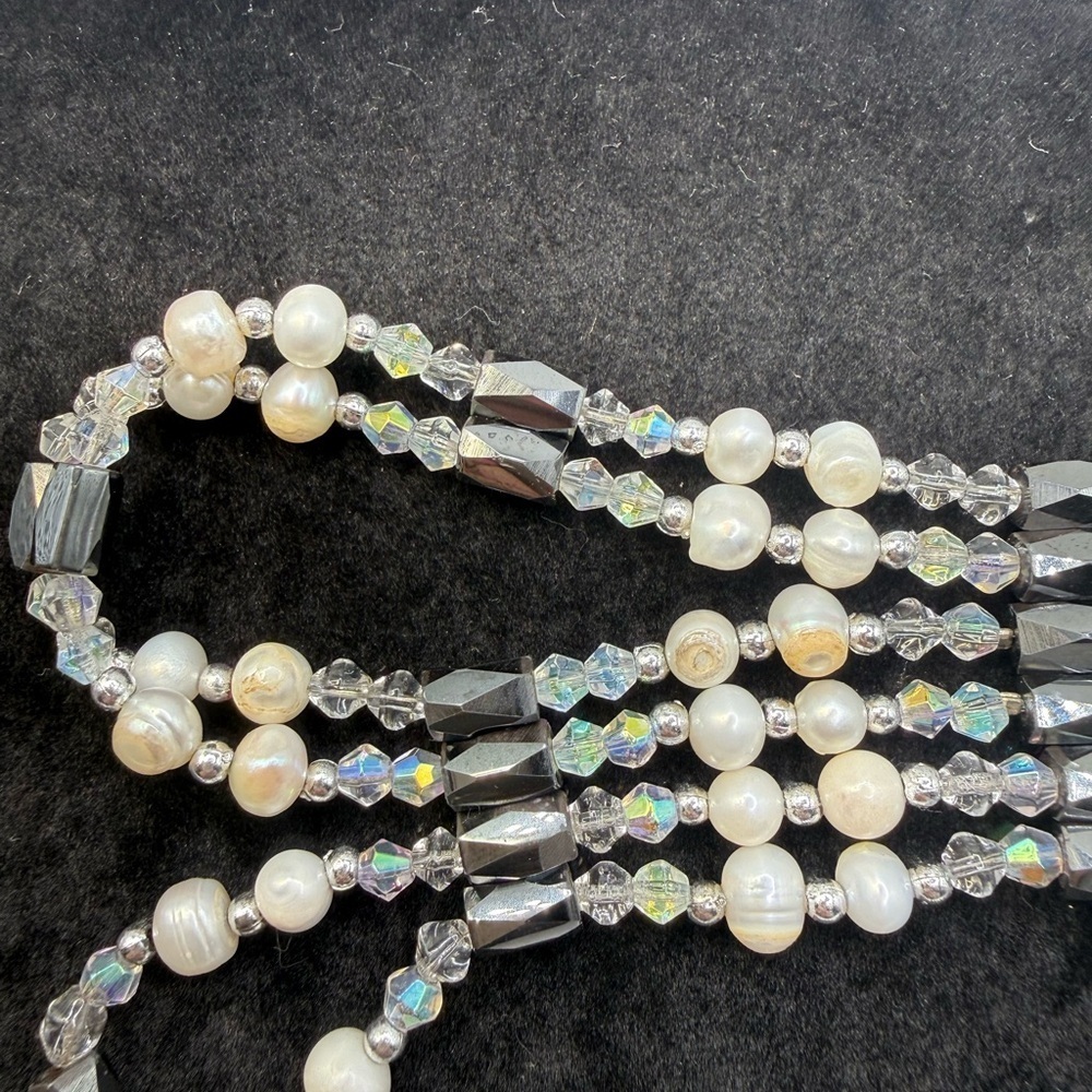 Vintage Convertible Pearl Crystal Hematite Wrap Necklace Bracelet Set 27” 33” - Picture 5 of 7